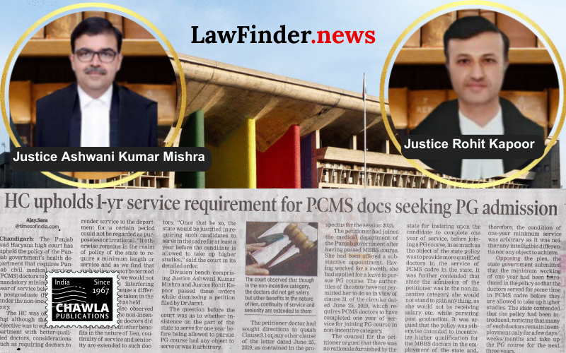 Punjab and Haryana High Court Upholds State Policy Requiring One-Year Service for PCMS Doctors Before PG Studies
