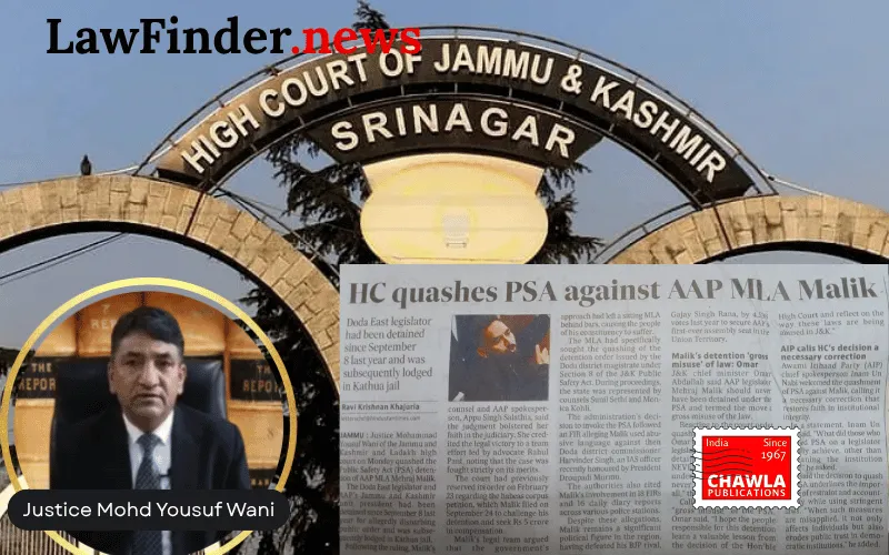Jammu and Kashmir High Court Quashes Preventive Detention of MLA Mehraj Din Malik, Citing Lack of Public Order Threat